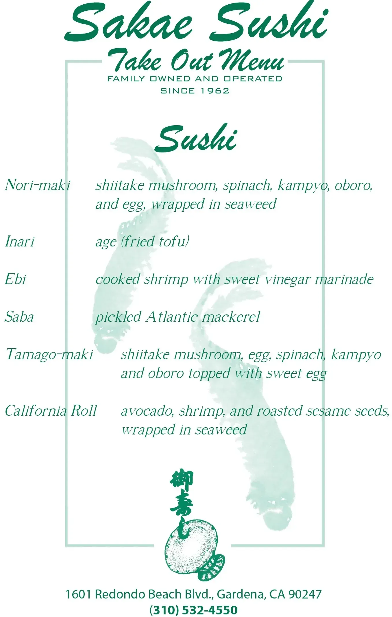 Sushi Take Out Menu