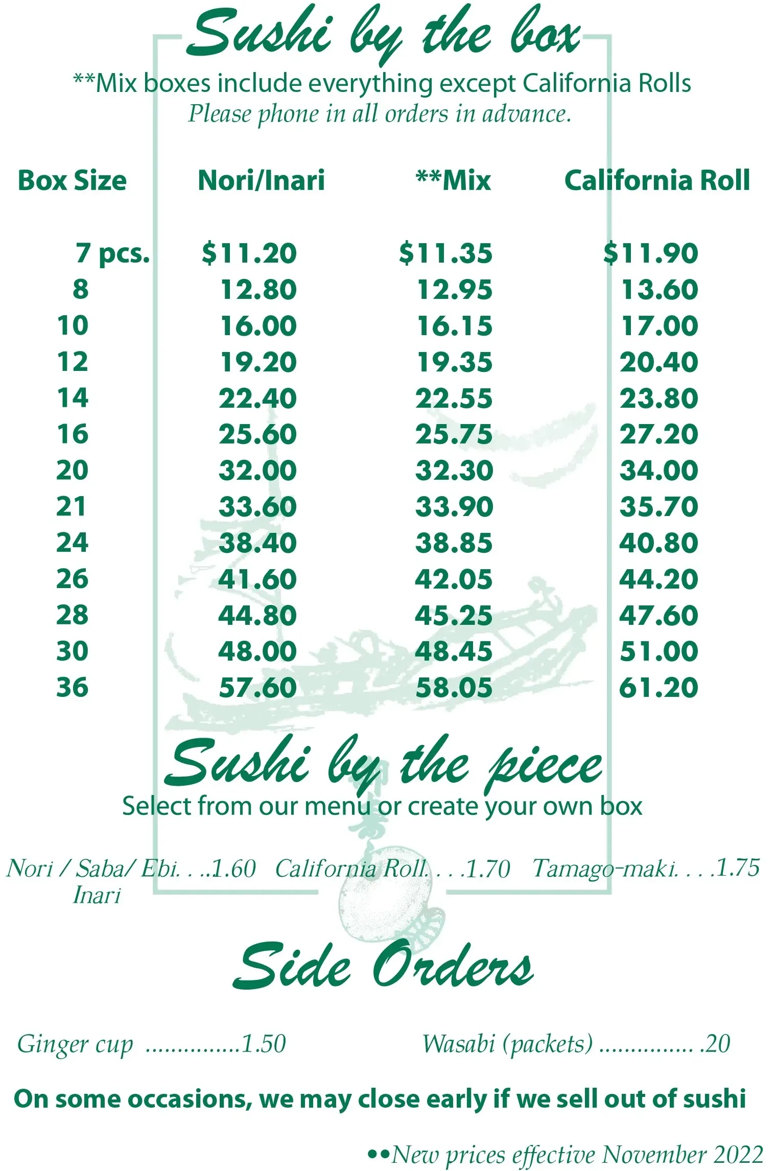 Sushi by the Box Menu